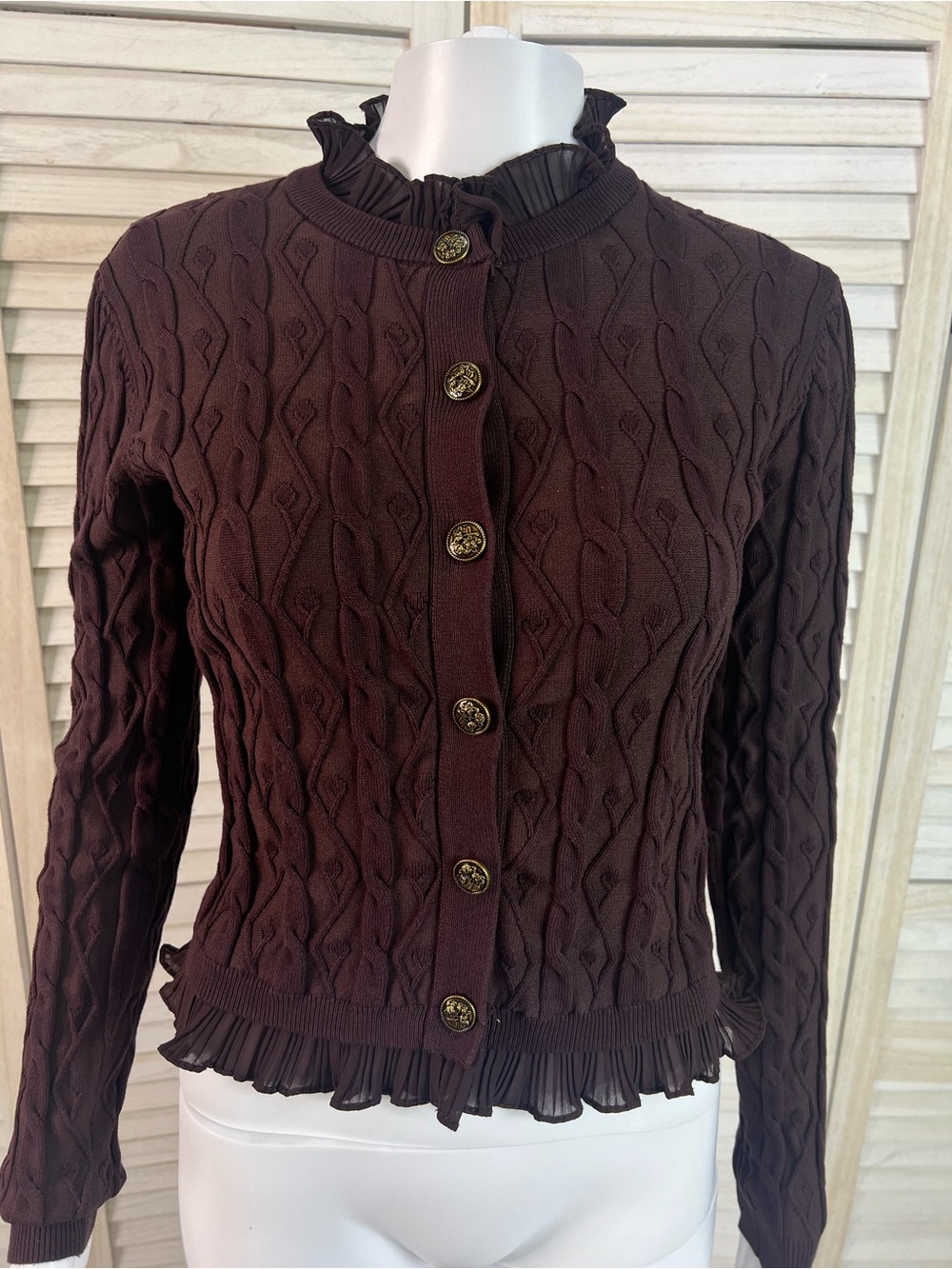 Disturbia Women's Cable Knit Cardigan Burgundy Ashen Vine Ruffle Slim Fit Size M - Picture 6 of 15